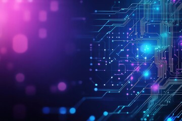 A complex circuit design set against a purple and blue abstract background illustrating advanced digital technology concepts