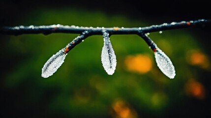 Frozen buds on a branch, winter scene
