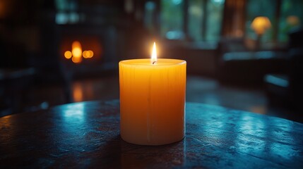 Lit candle on table, fireplace background, cozy room, relaxation