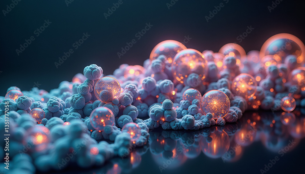 Poster glowing orbs and textured formations cluster together, creating an abstract and luminous scene. grap