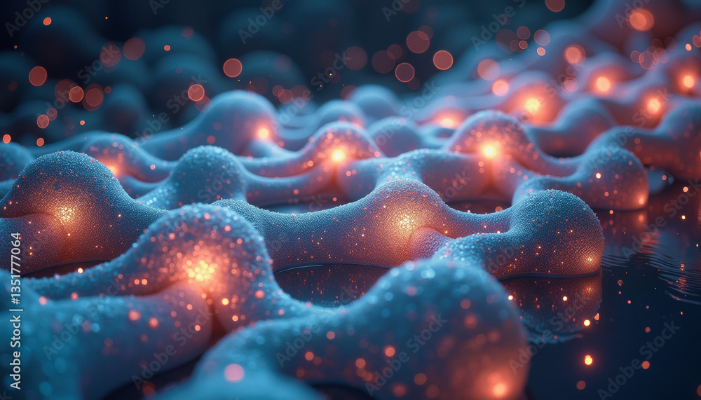 Poster glowing particles illuminate a textured, undulating surface resembling a brain or coral reef, creati