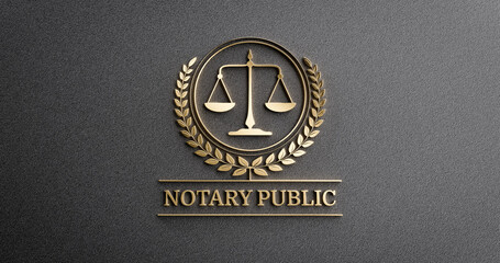 Notary Public: Golden Icon with Scales of Justice and text. Legal Concept