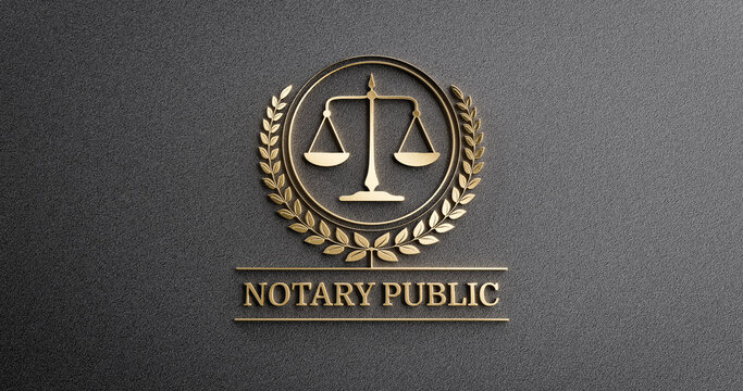 Notary Public: Golden Icon with Scales of Justice and text. Legal Concept
