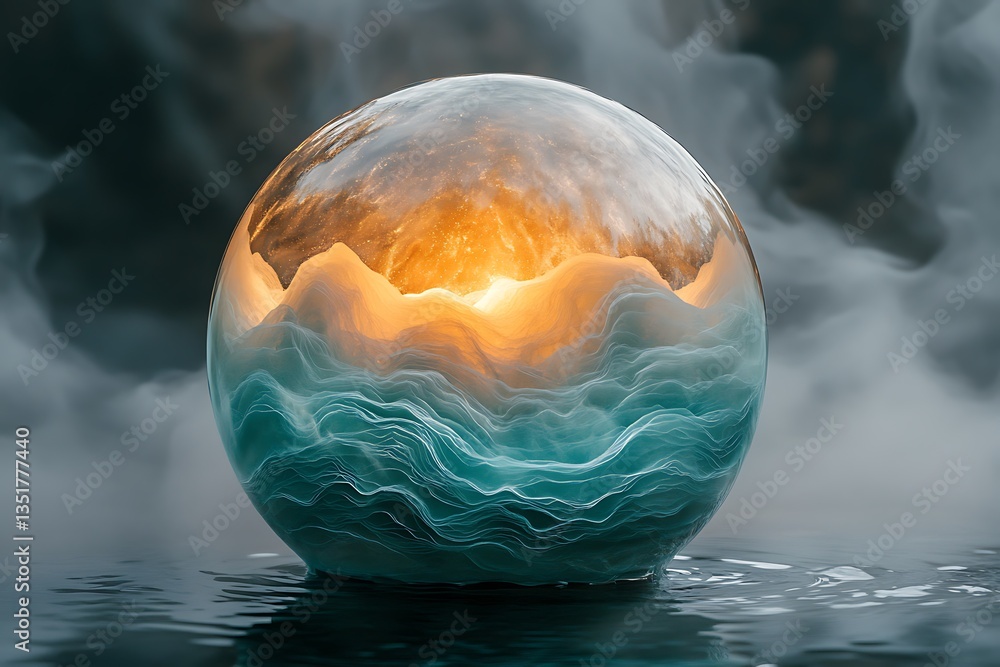 Poster a luminous turquoise sphere hovering within a dreamy gradient atmosphere.