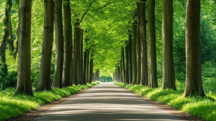 Fototapeta premium A scenic walkway lined with tall green trees forming a natural tunnel