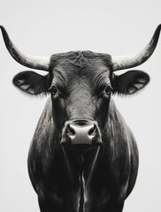 Naklejka premium Black bull portrait, farm animal, monochrome, intense gaze, wall art