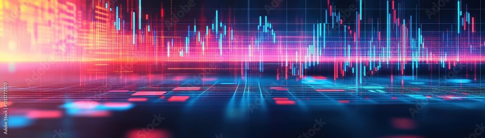 Poster futuristic digital circuit on neon colored background representing financial growth and technologica