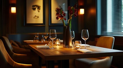 Stylish dining room with a rich wooden table, upholstered chairs, minimalist decor, and warm ambient lighting, creating a cozy yet refined atmosphere, medium framing 