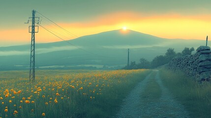 Sunrise over Misty Mountains and Flower Fields