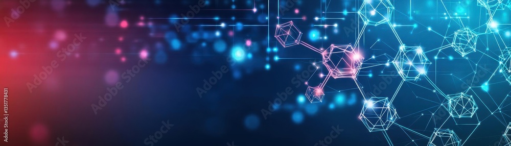 Poster Blue and red abstract background featuring molecules and modern design elements for futuristic digital applications