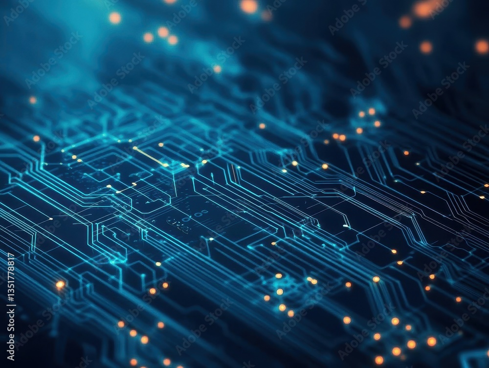 Poster Futuristic abstract circuit board featuring vibrant blue and orange lights illuminating intricate patterns and structures