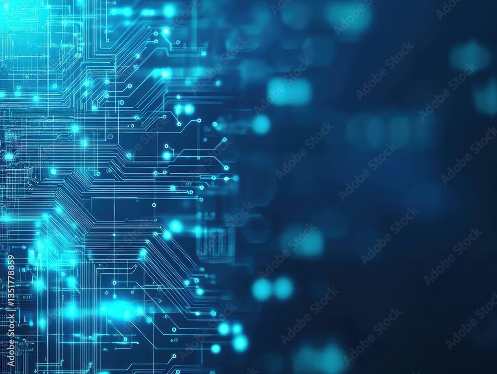 Poster sleek circuit board with a solid blue background creating a clean and modern abstract futuristic tec