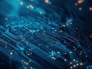 Futuristic abstract circuit board featuring vibrant blue and orange lights illuminating intricate patterns and structures