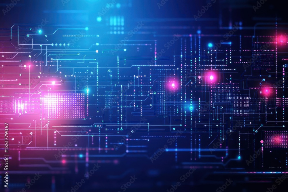 Poster Abstract circuit board with striking red and blue background showcasing modern technology and intricate design patterns