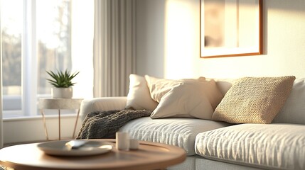 Stylish living room interior white sofa with textured cushions minimalist coffee table neutral decor and warm lighting enhancing the airy and cozy aesthetic.  