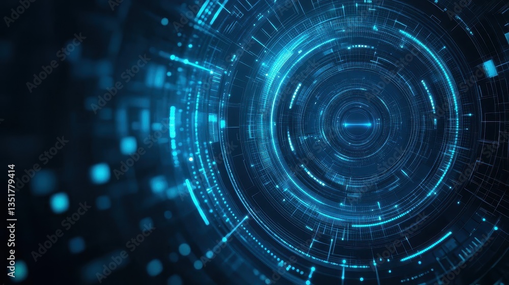 Fototapete Abstract blue circular shape set against a deep black background with futuristic digital elements and visual effects