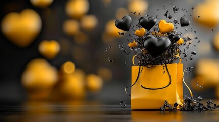 Naklejka premium Shopping moment, playful hearts escape in motion from a gift bag. I give you my love, concept.