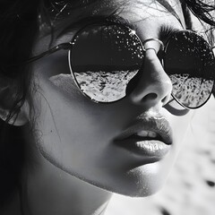 A stylish woman with dark hair wears large round sunglasses reflecting a beach scene in a black and white editorial fashion photograph showcasing summer eyewear trends.