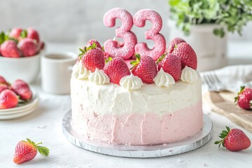 Strawberry cake with number 33 candles on table, indoor celebration, food photography background