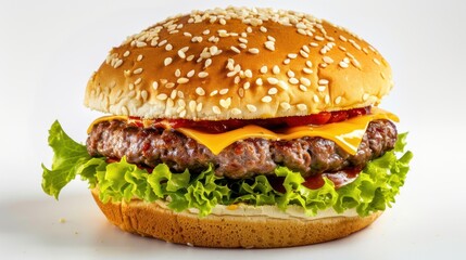 Big cheeseburger with stretchy cheese in the middle.