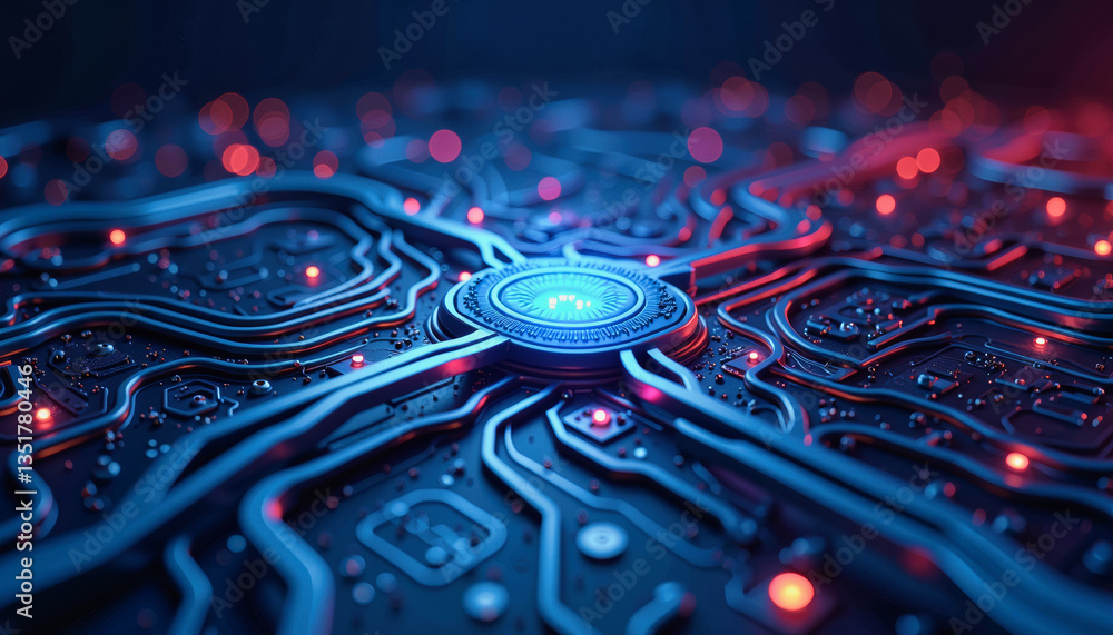Aufkleber glowing circuitry patterns illuminate a futuristic, complex microchip design against a dark, blurred