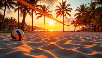 Sunset Volleyball Court on Beach with Warm Golden Sand and Palms