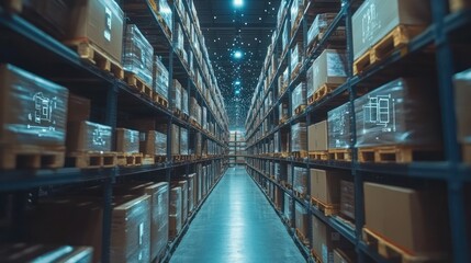 Fototapeta premium Vast Warehouse Interior: Rows of Pallets and Boxes, Modern Logistics Center