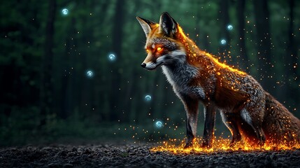 Majestic fox, glowing, in a dark forest with orbs