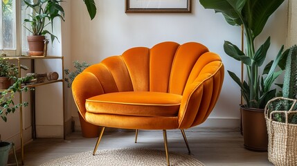 Stylish retro decor living room orange vintage chair paired with a velvet sofa mock-up poster frame gold shelving with plants and accessories cozy natural light. 
