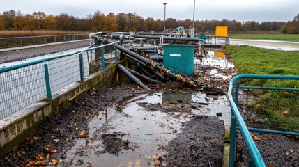 Industrial water treatment facility with damaged pipes and puddles after rain, autumn scenery