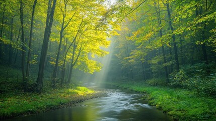 Fototapeta premium Serene Forest Stream: A Misty Morning in Autumn