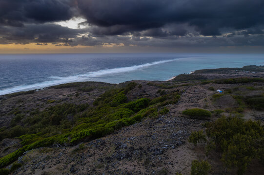 Aerial view of the East coast of Rodrigues island from Mt Cabris during sunrise