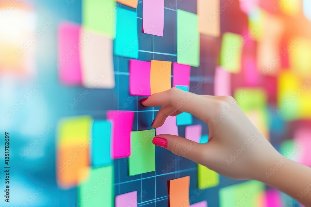 Poster a hand placing colorful sticky notes on a wall for agile software development and collaborative team