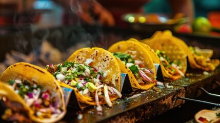 Crispy golden tacos with fresh toppings, sizzling grill, vibrant colors, lively night market scene.
