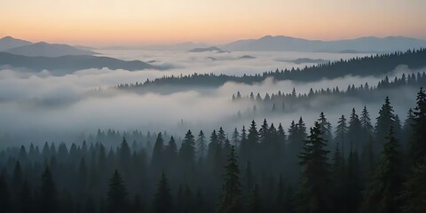 Fototapeta premium Spectacular mountain scenery with majestic forest shrouded in morning mist