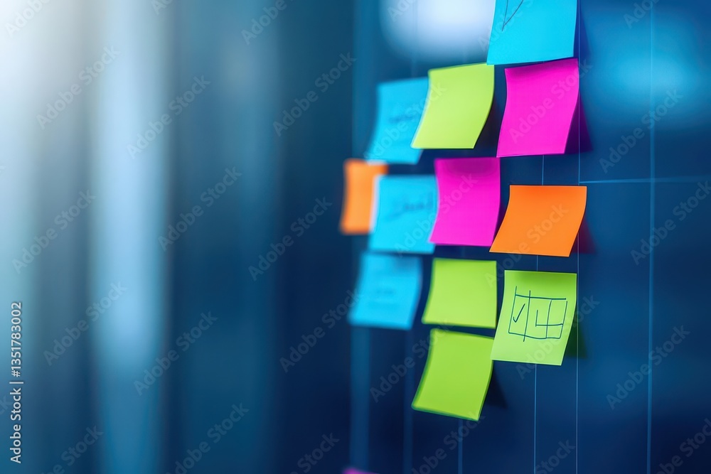Poster Colorful sticky notes pinned on wall creating a dynamic agile software scrum board for team collaboration