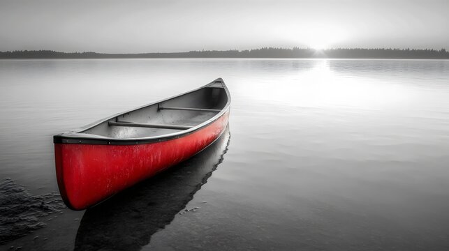A red canoe sits in the water, reflecting the sun's rays