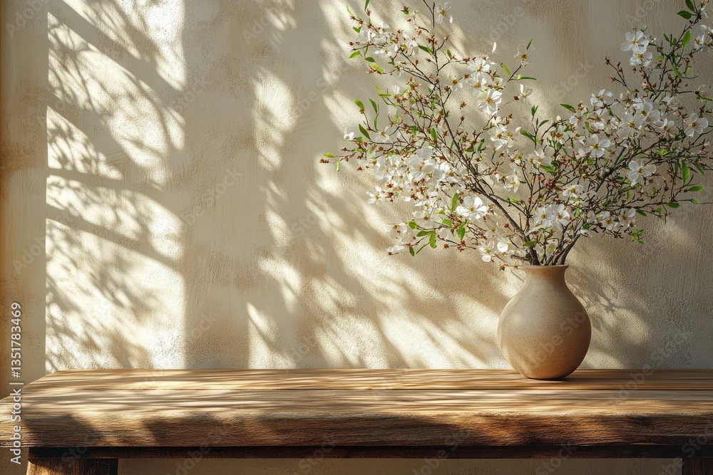 Poster minimalist wooden table with soft sunlight and tree shadows on beige background for presentation and