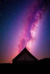Silhouetted tent beneath a vibrant Milky Way galaxy, astro photography, equipment
