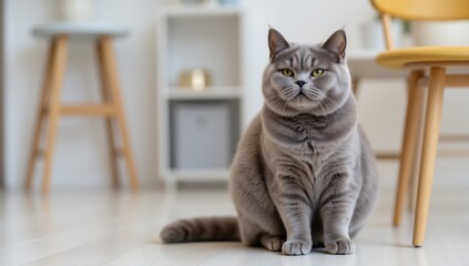 Adorable Gray British Shorthair Cat Sitting in Modern Minimalistic Room