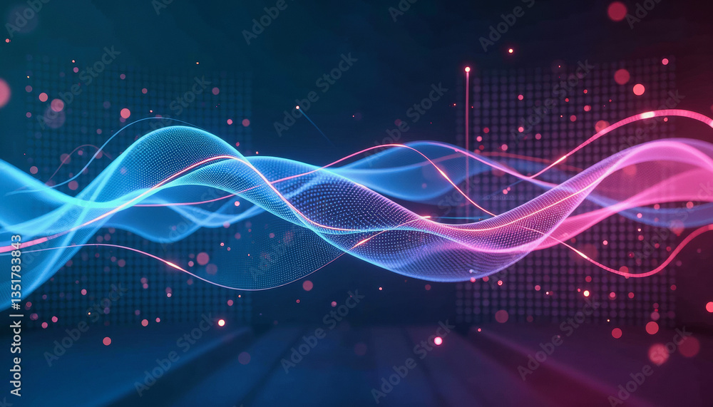 Poster flowing neon waves of blue and pink dance across a digital grid, creating a dynamic and futuristic v