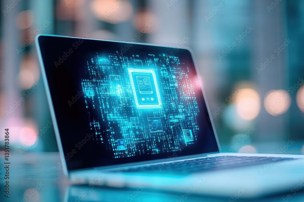 Poster Laptop screen featuring an intricate circuit design symbolizing the integration of artificial intelligence and technology