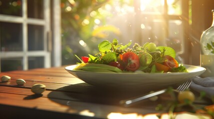Fresh organic salad with avocado, cherry tomatoes, and nuts, bright natural lighting, clean composition, modern lifestyle aesthetic.