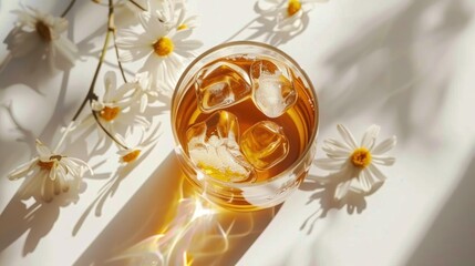 glass of tea with ice on white background