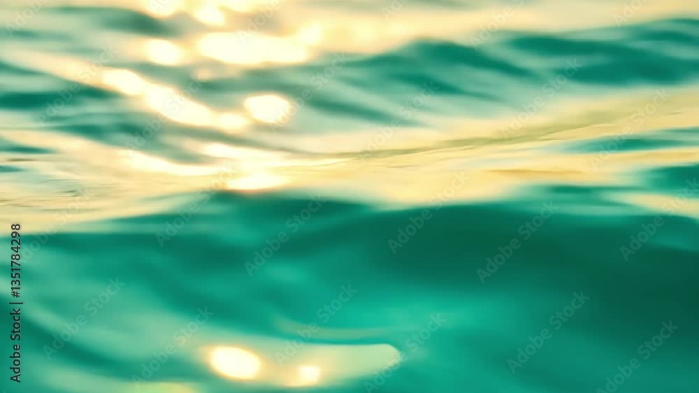 Poster a serene close-up of shimmering water, creating a calming atmosphere with soft waves reflecting sunl