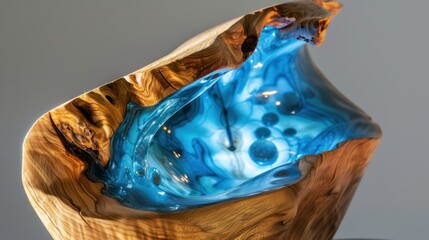 Handcrafted wooden sculpture fused with translucent blue resin, artistic lighting, handcrafted aesthetic, natural materials.