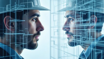Male Architect in Safety Helmet Merging with Blueprint and Wireframe