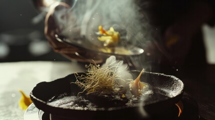 Luxurious gourmet dish, Michelin-star plating, rich textures.