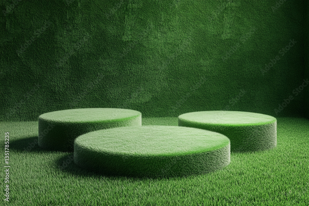 Poster three round grass covered platforms arranged in a green grass covered studio setting for product dis