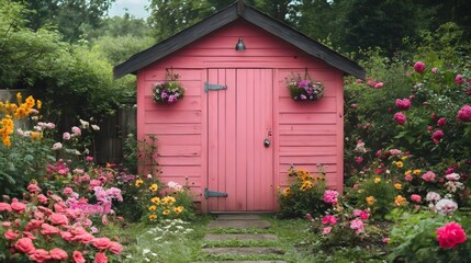 A pink shed with a flower garden in front of it